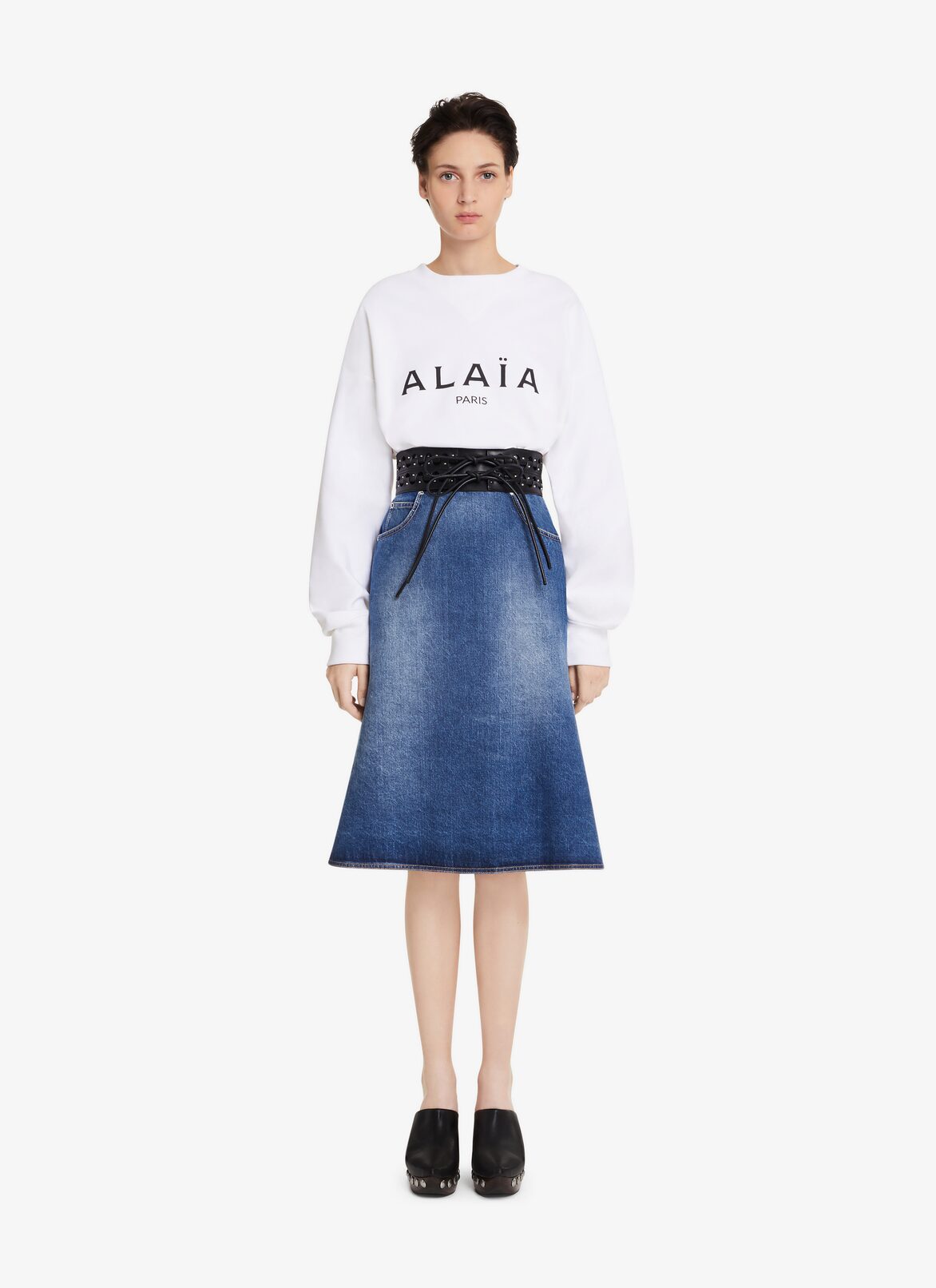 WASHED DENIM FLARED SKIRT ALAÏA BLUE JEANS WASHED DENIM FLARED SKIRT